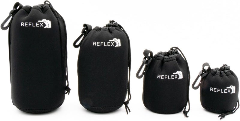 Reflex Camera Drawstring Camera Lens Pouches 4 Pack (S/M/L/XL) Thick Padded Pouch Set for Maximum Protection Waterproof Shockproof Dust Resistant Neoprene Cases for Canon, Nikon, Pentax, Sony, Olympus - Image 1
